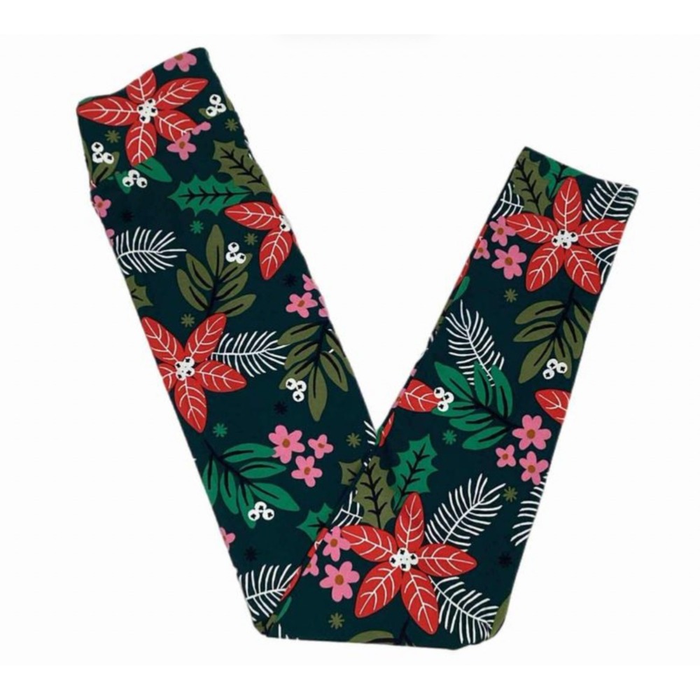 LuLaRoe Womens Leggings Size TC2 Holly Poinsettia Holiday Christmas Plus 18+ NWT